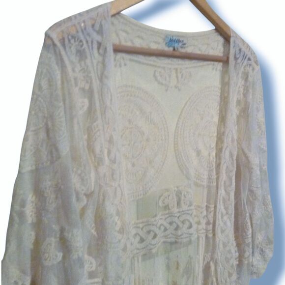 Rebellion Again Lace Kimono-Medium-Duster-Sheer-3/4 Sleeve-Boho-Swim Cover - Picture 4 of 9